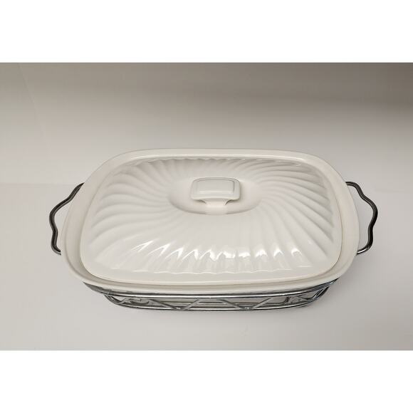 Godinger Rare Vintage 2 Quart Rectangular Covered Porcelain Baker W/Serving Rack - Picture 5 of 9
